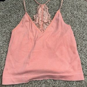 peach top with lace in back